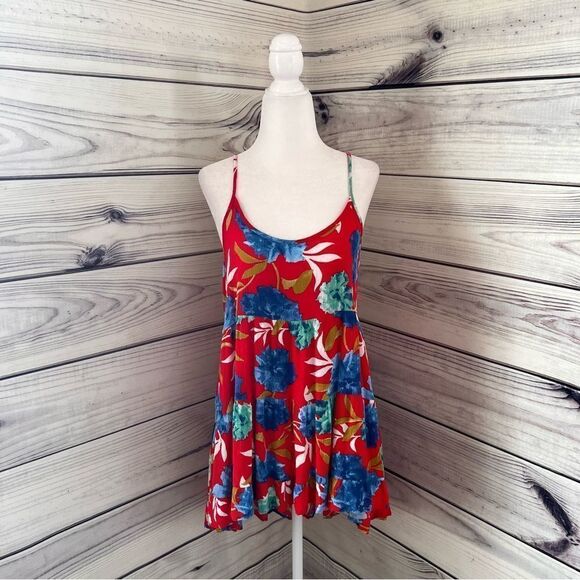 Audrey 3+1 Red & Blue Floral Print Tunic Length Tank Top - Picture 1 of 7